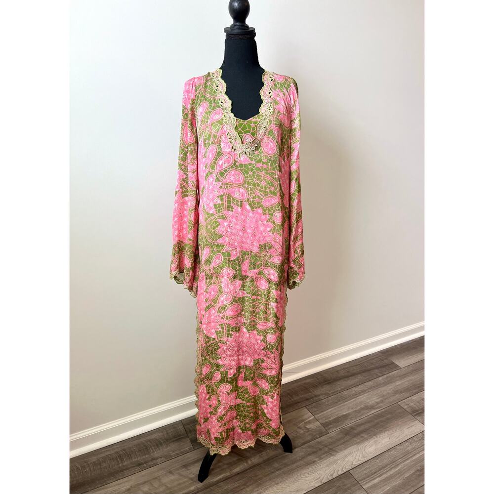 Hemant and Nandita Pakhi Kaftan Dress with Slip Lining Size XL Floral Side Slit - Picture 2 of 7